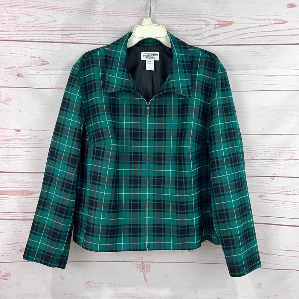 Vintage Pendleton Virgin Wool Green Tartan Plaid Full Zip Collared Blazer Jacket